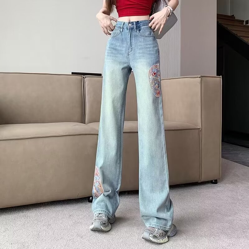 新中式牛仔褲重工刺繡國風直筒褲女裝2024春夏高腰百搭拖地闊腿褲