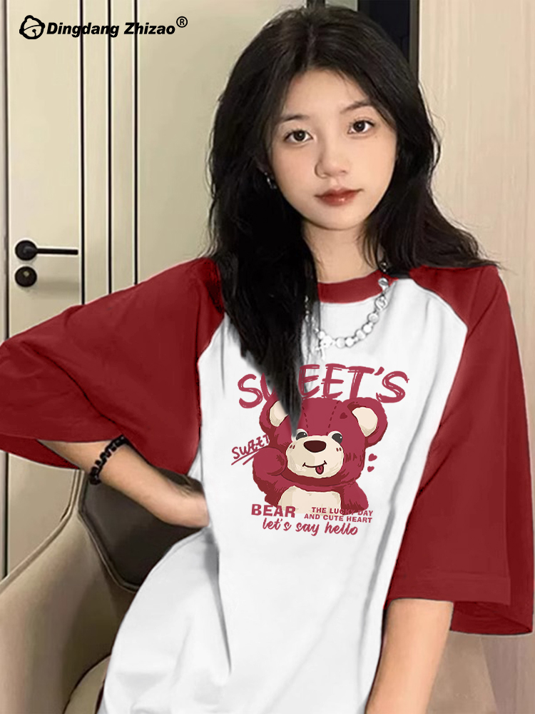 2024 summer 220g raglan sleeves 100% cotton contrasting color block blank version short-sleeved T-shirt for women pure cotton M-3XL