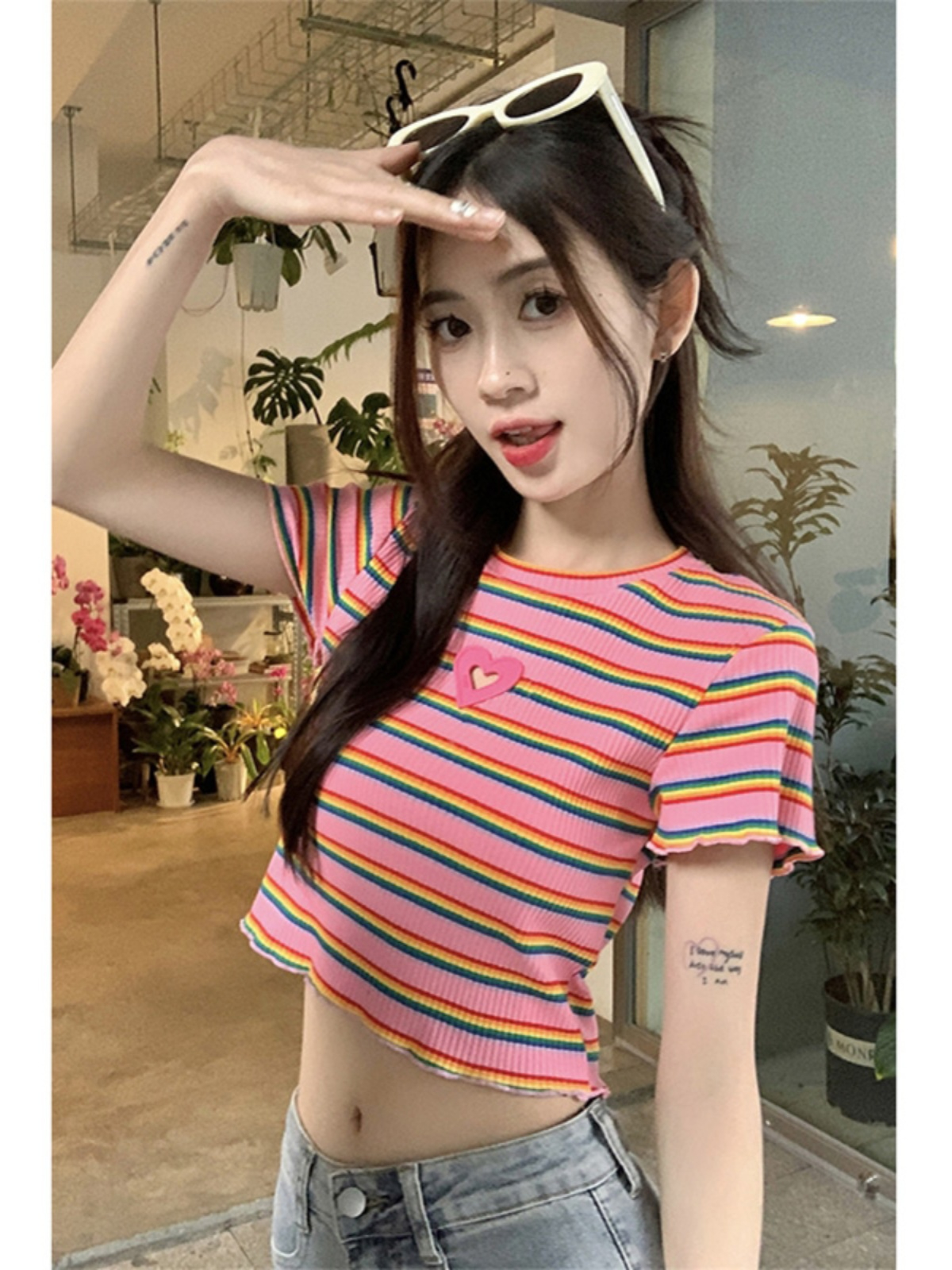 甜辣妹條紋短袖T恤女夏季設計感修身短款露臍上衣