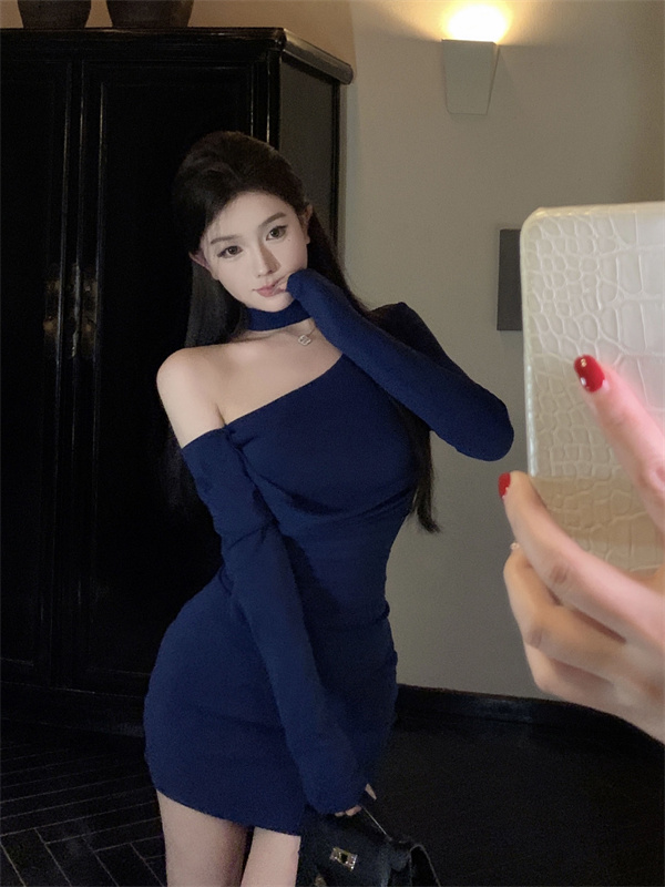 實拍~暗寶石藍斜肩針織性感收腰裙包臀連衣裙氣質內搭打底裙