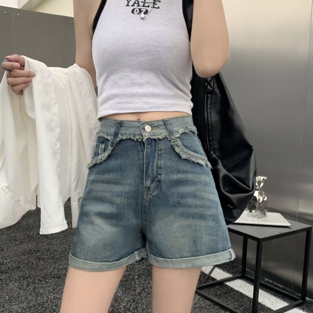 卷邊牛仔短褲女夏季2024年新款設計感百搭高腰顯瘦毛邊a字短熱褲