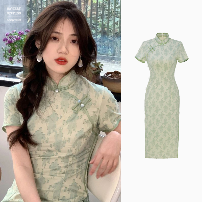 原版做法，紐扣帶珠改良旗袍印花新款女夏綠色年輕款少女連衣裙