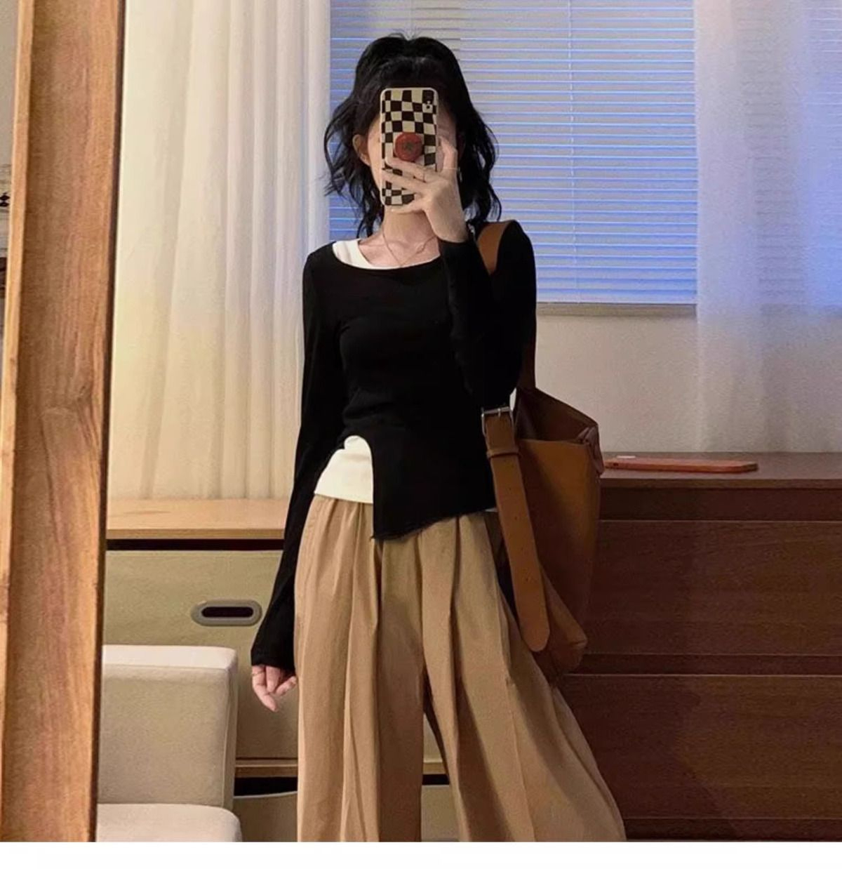 純欲正肩假兩件撞色不規則長袖t恤女2024新款秋季設計感小眾上衣