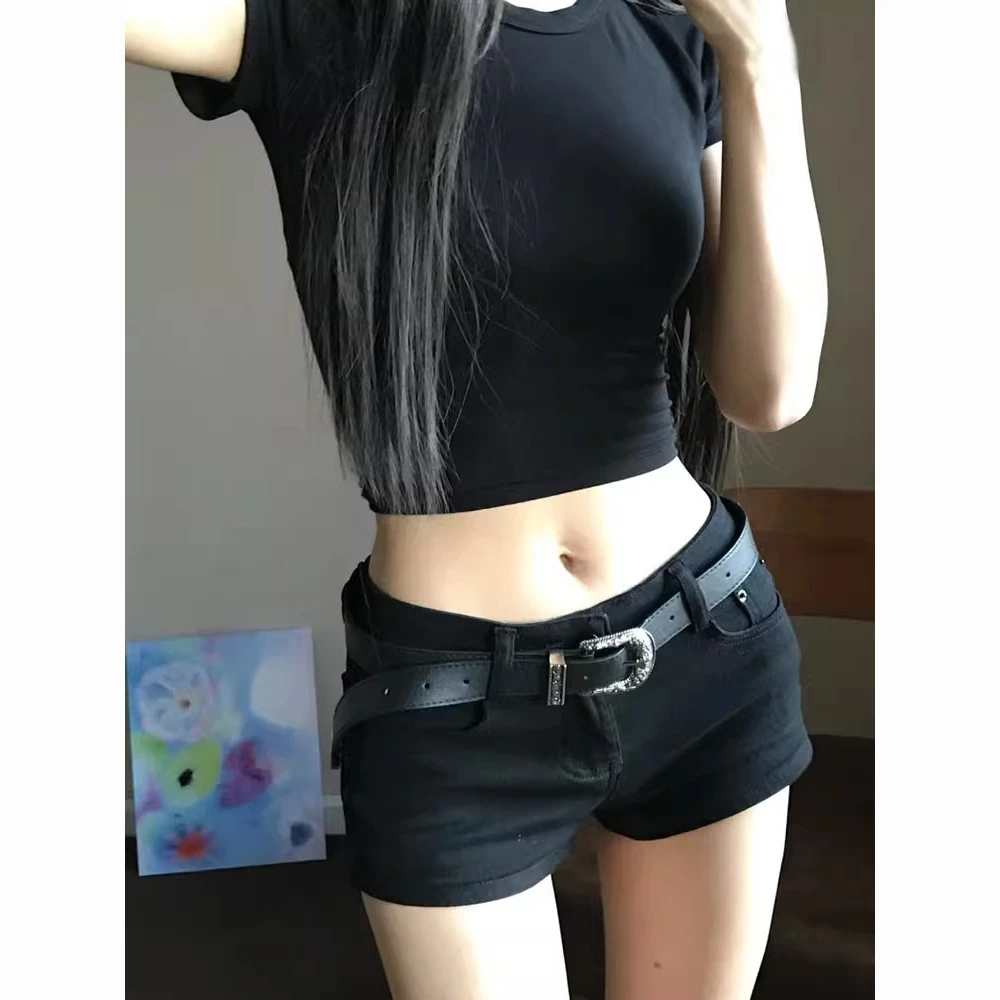 黑色低腰牛仔超短褲女夏包臀y2k輕亞文化熱褲美式辣妹彈力褲子潮