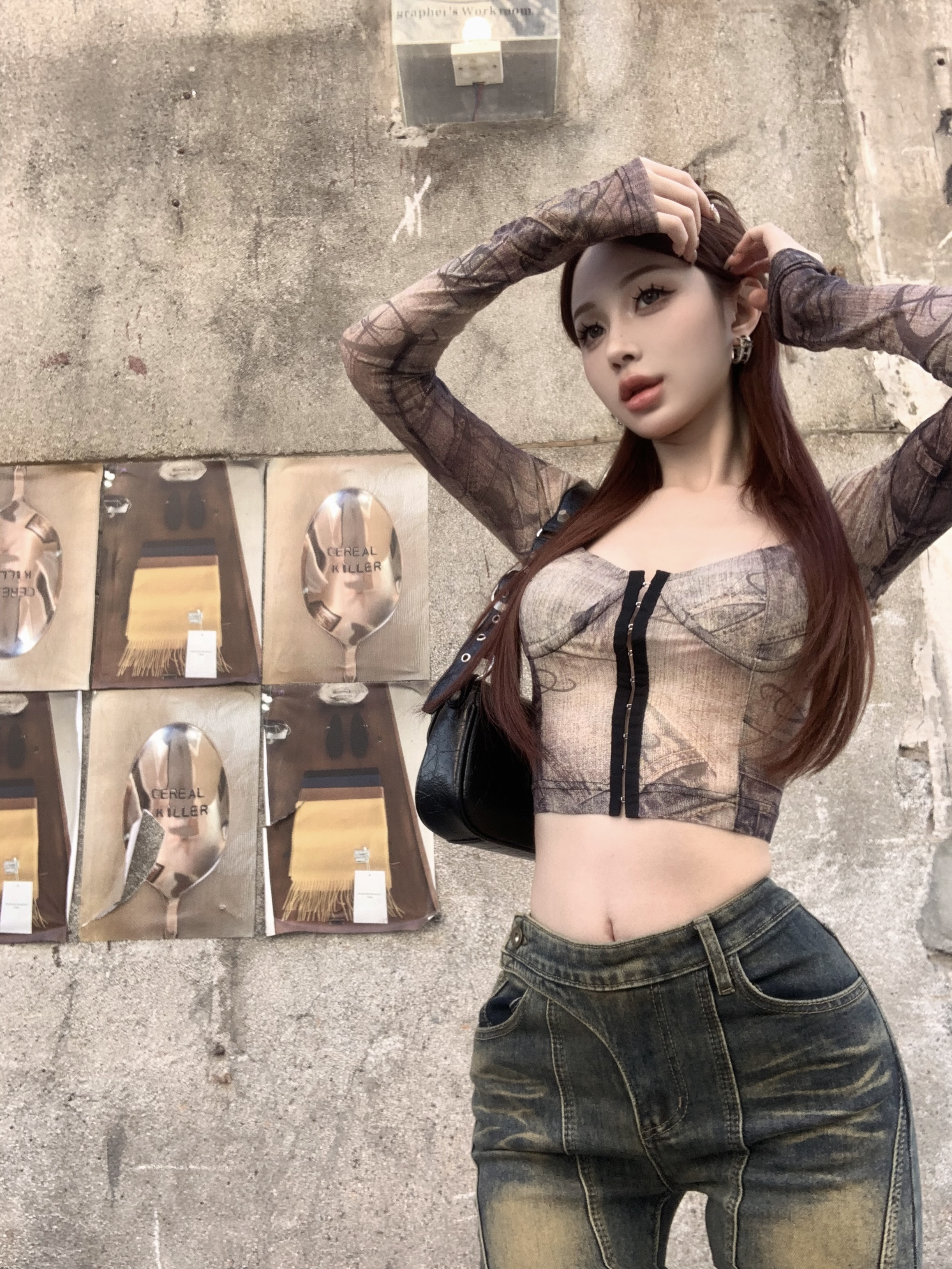 實拍 美式復古廢土風牛仔辣妹單排扣印花彈力網紗短款上衣女夏