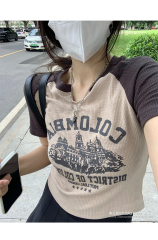 美式復古短款短袖t恤女夏修身撞色設計感正肩緊身上衣夏季