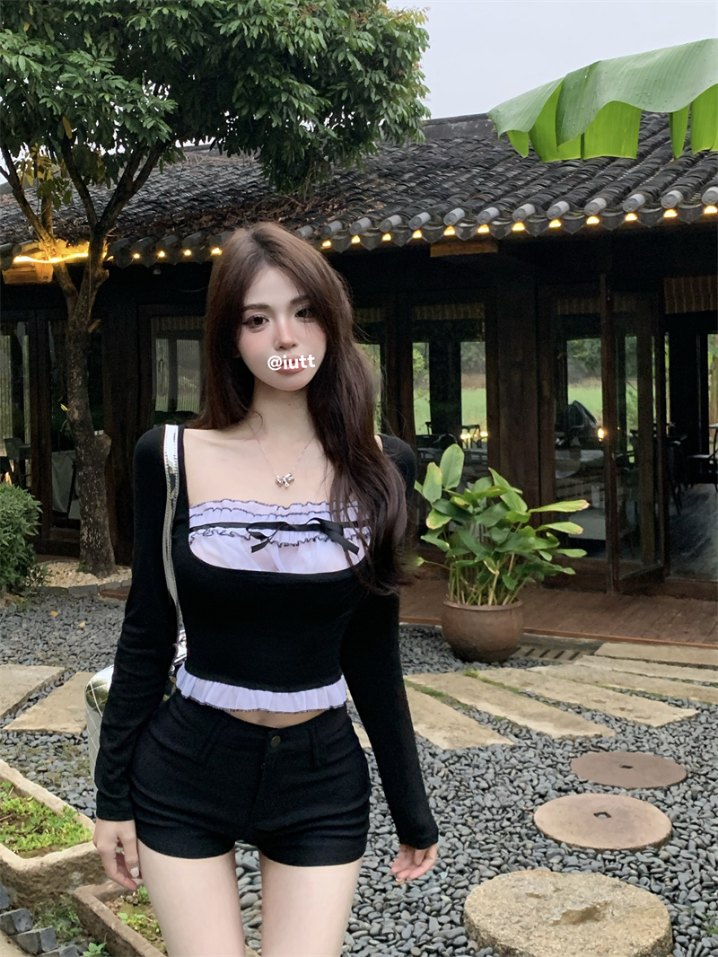 實拍~系帶假兩件長袖T恤木耳邊方領修身顯瘦別致絕美小上衣