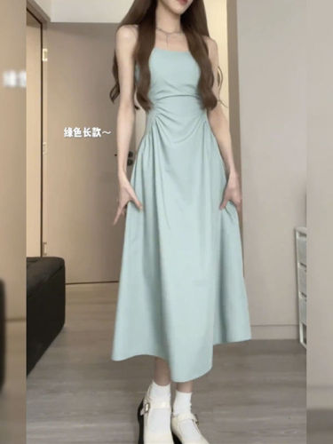 韩系设计感褶皱法式气质肩带可调节连衣裙女夏季收腰显瘦开叉长裙