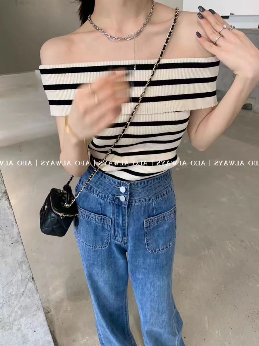 韓國chic夏季氣質小性感一字領露肩修身顯瘦條紋短袖針織衫上衣女