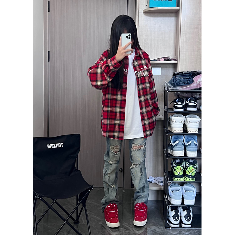 春秋hiphop高街開衫襯衣外套復古寬鬆慵懶風設計感格子長袖襯衫潮