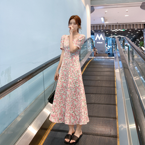 2024 Puff Sleeve Floral Square Neck Slim Fashion Small Fresh Chiffon Short Sleeve Mid-Length Dress Summer New Style