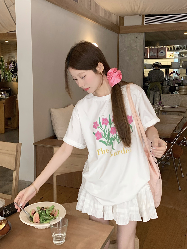 實拍！復古花朵印花圓領短袖百搭休閒t恤衫