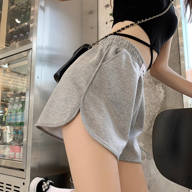 官圖#250g斜紋拉架 休閒運動短褲女夏季薄款高腰外穿熱褲闊腿褲