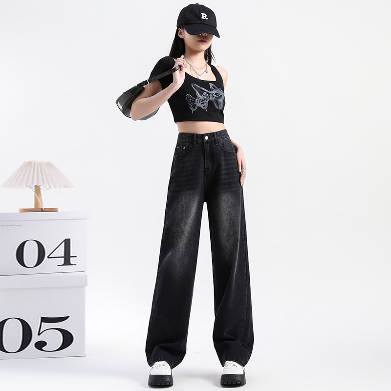 實拍 高腰復古水洗磨白寬鬆直筒牛仔褲女2024新款闊腿褲
