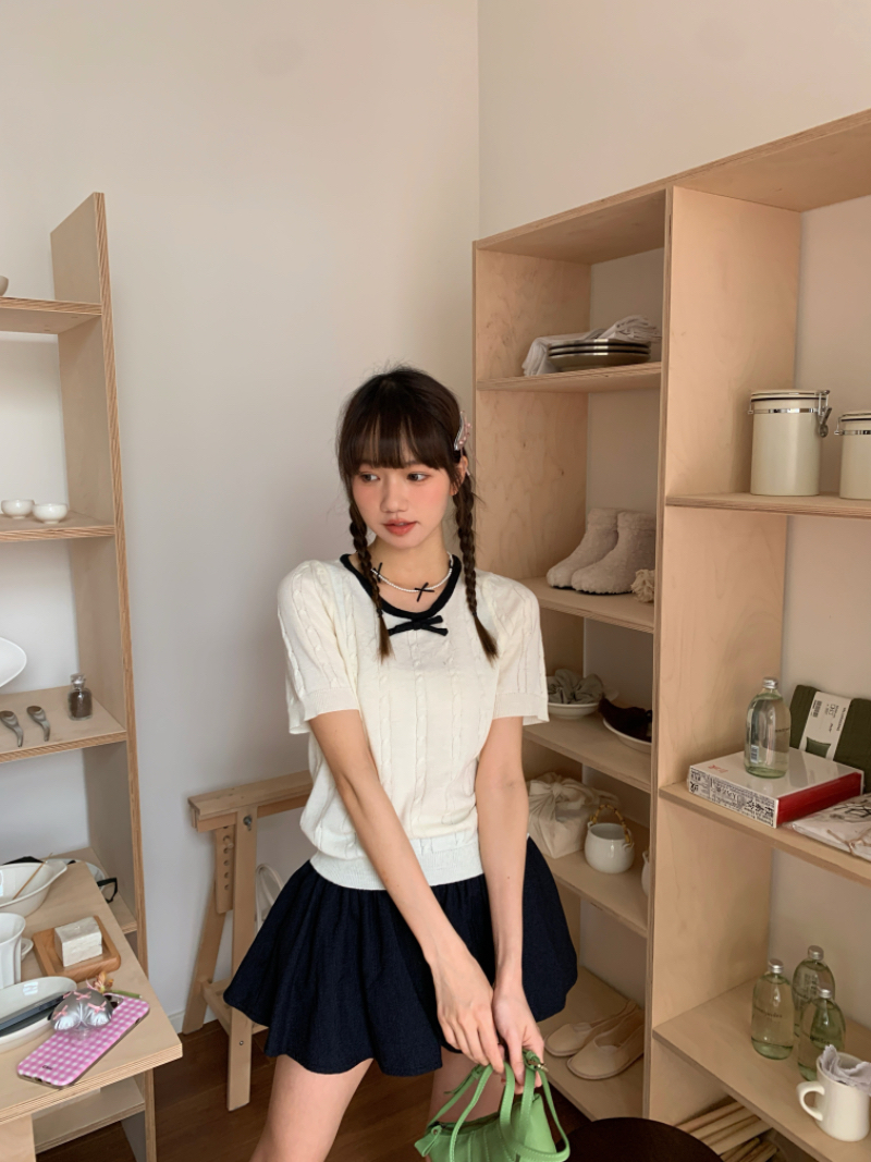 實拍蝴蝶結撞色針織短袖上衣