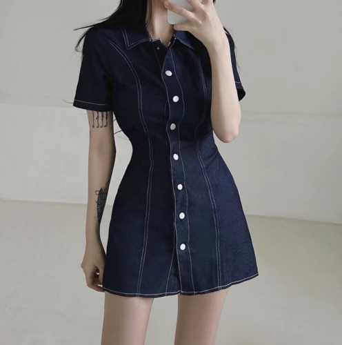 韩国chic翻领单排扣明线设计感收腰显瘦短袖牛仔连衣裙女