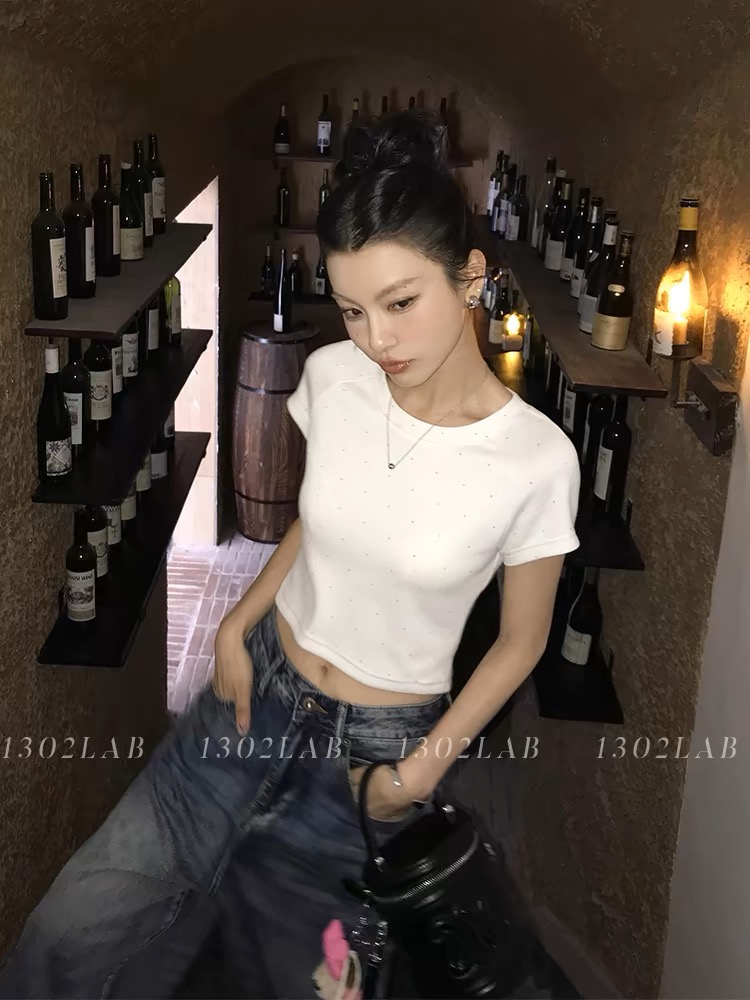 1302LAB 白色亮珠短款小飛袖短袖T恤女春季新款百搭修身上衣