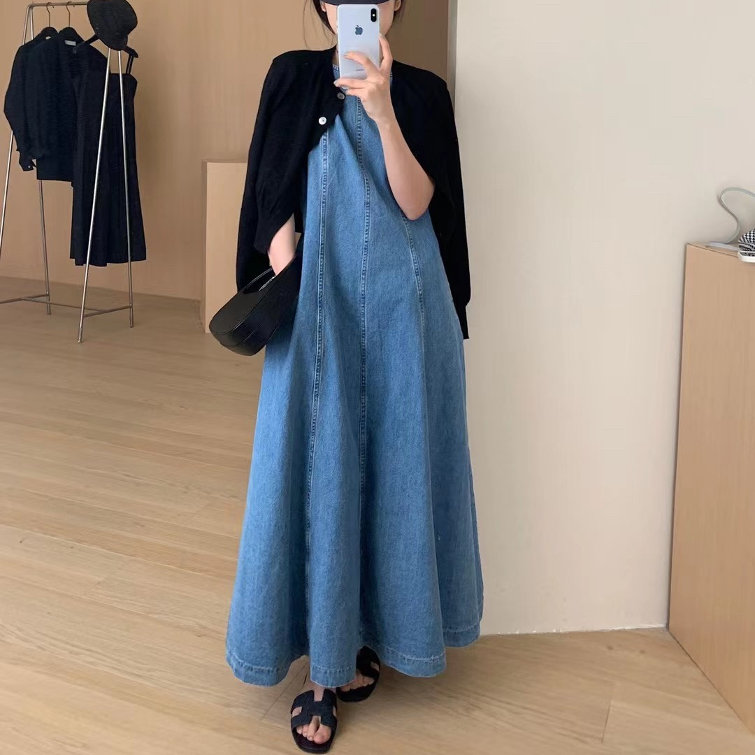 Summer new style loose and slim denim dress for women retro A-line long skirt