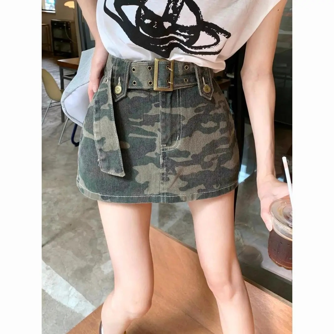 甜酷辣妹迷彩牛仔半身裙女夏季裙褲a字高腰半裙復古短裙包臀裙子