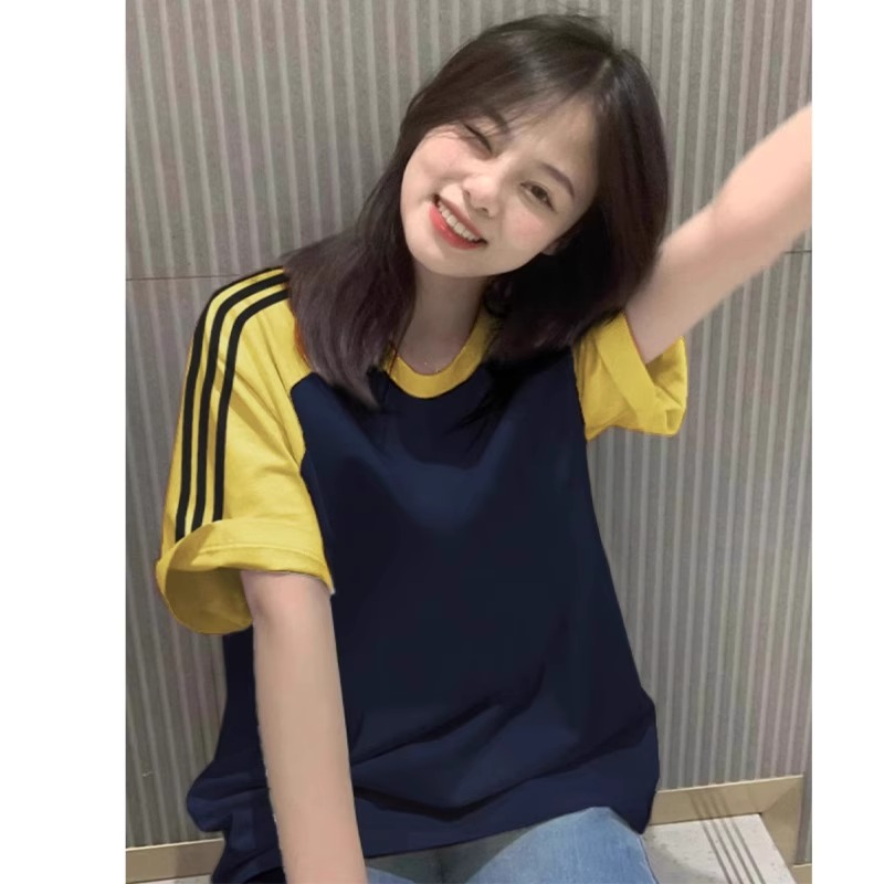純棉200克21支精梳精密 拼色三條槓落肩短袖t恤女