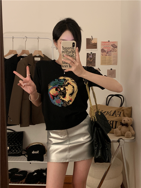 實拍 新中式國風復古龍紋印花短袖針織t恤女百搭顯瘦圓領上衣