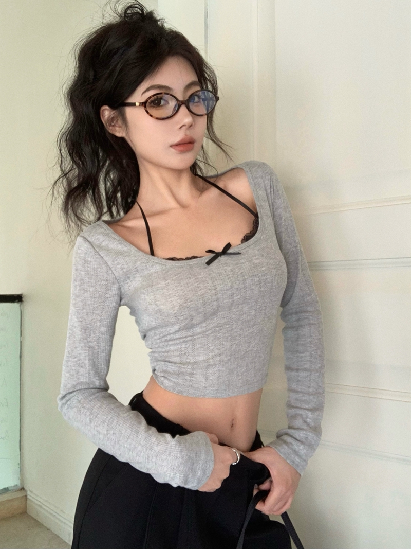 Photographed Sweet and Sexy Lace Splicing False Two-Piece Long-Sleeve Grey Square Collar Short-Sleeve Hot Girl Top