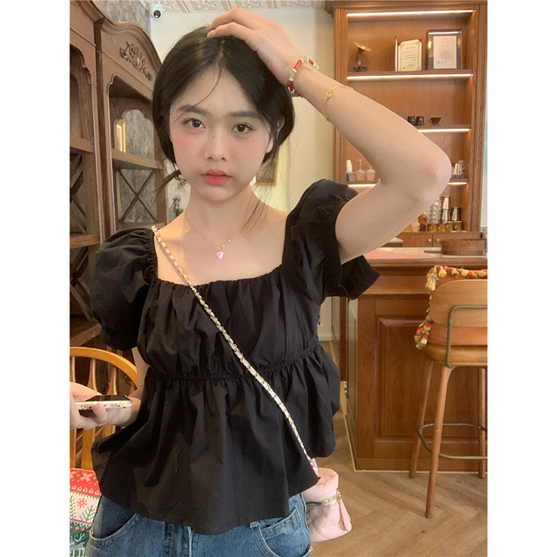 高級感法式泡泡袖方領襯衫女夏季新款寬鬆短款短袖黑色娃娃衫上衣