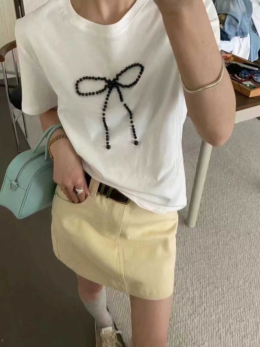 韓版珍珠蝴蝶結圓領短袖T恤女2024春季新款簡約寬鬆顯瘦休閒上衣
