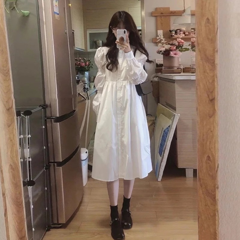 法式初戀桔梗白色長袖打底連衣裙女內搭早春秋設計感小眾個子復古