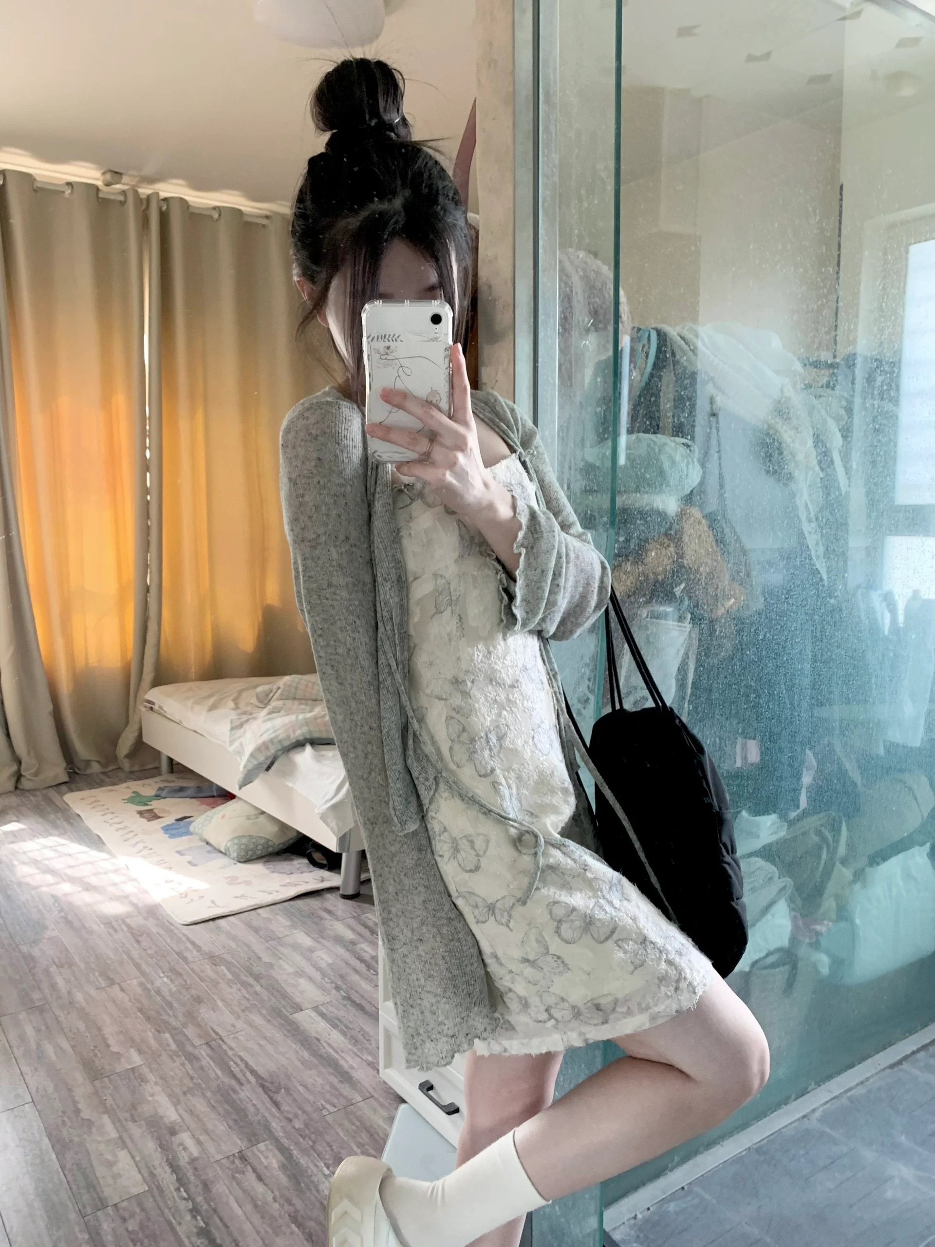 甜美減齡時尚套裝女蝴蝶印花收腰吊帶連衣裙百搭防曬短開衫兩件套