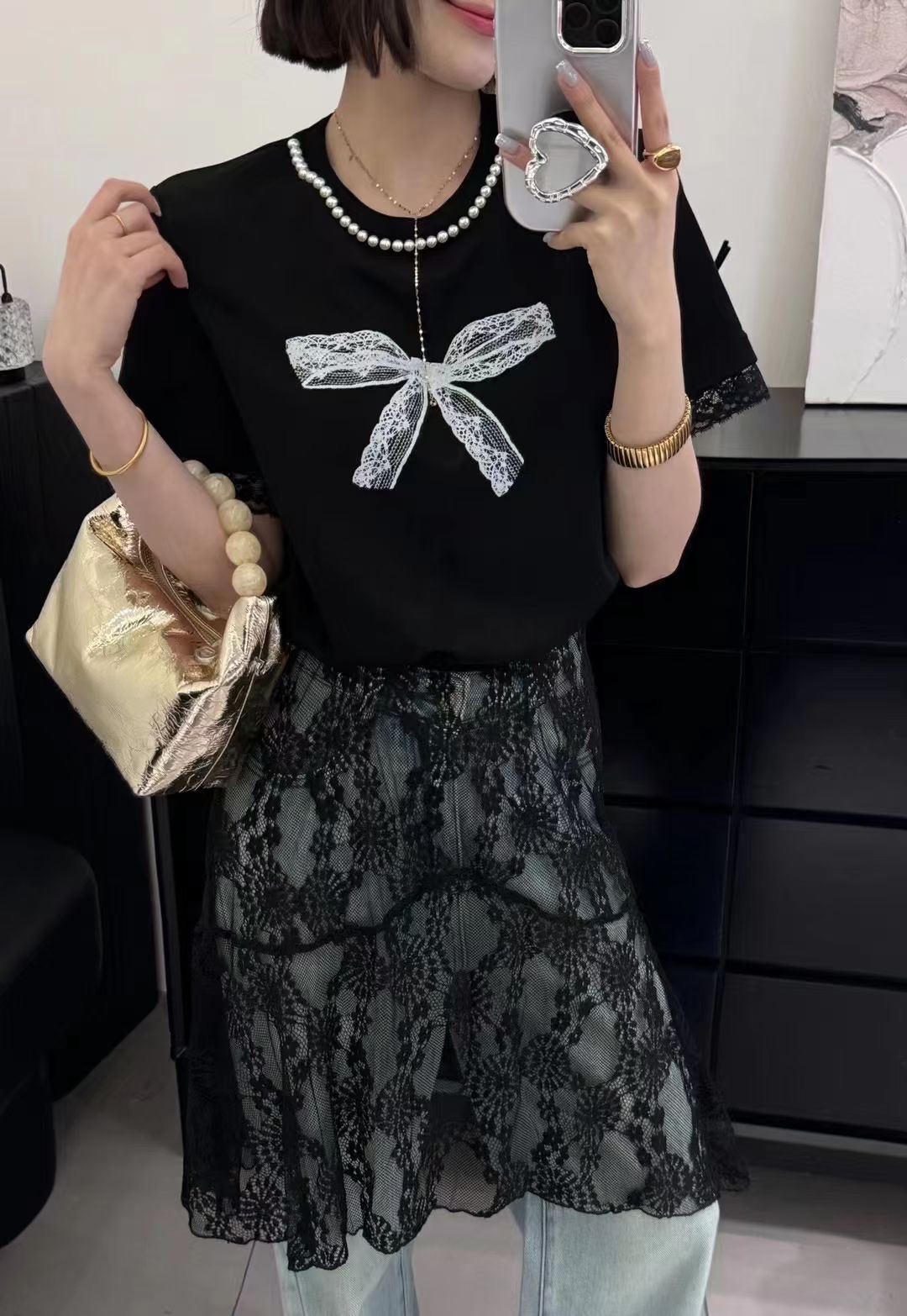 AFTERNOON-P ~韓國東大門2024春新款圓領釘珠蝴蝶結短袖T恤女