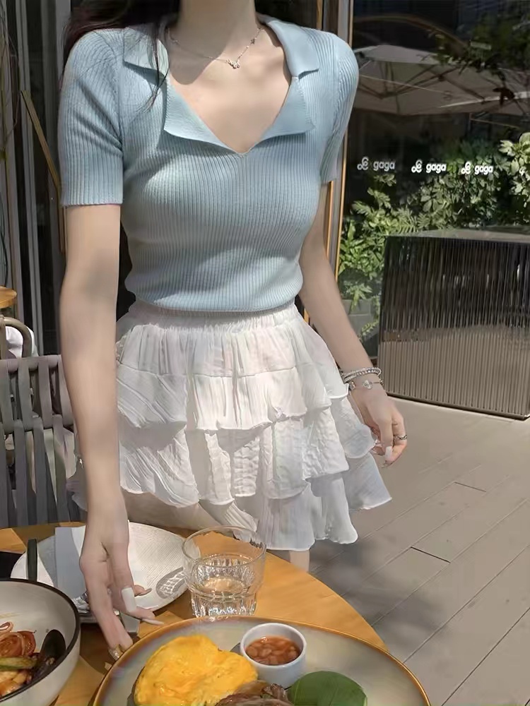 宋小恩polo領粉色針織短袖t恤女夏裝修身顯瘦設計感小眾短款上衣