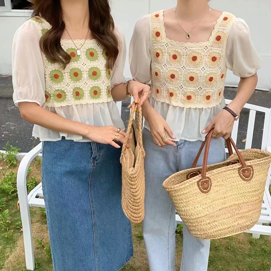 針織拼接泡泡袖襯衫女設計感小眾夏季新款法式溫柔風別致上衣