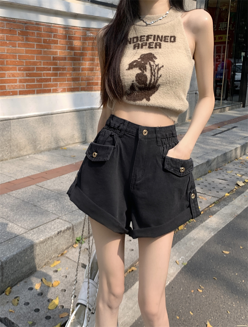 實拍復古卷邊牛仔褲女春季設計感寬鬆闊腿褲辣妹顯瘦高腰A字短褲