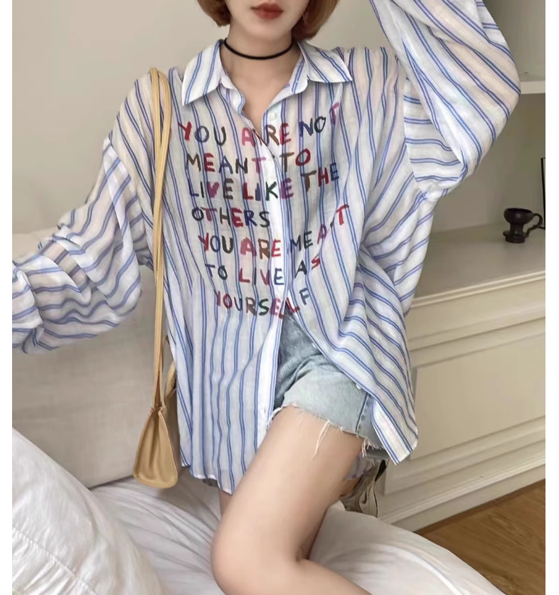 甜美風字母條紋薄款寬鬆長袖防曬襯衫女夏季新款設計感百搭防曬衫