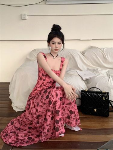 Real shot square neck backless chiffon dress women's spring and summer new high-waist slim floral long skirt