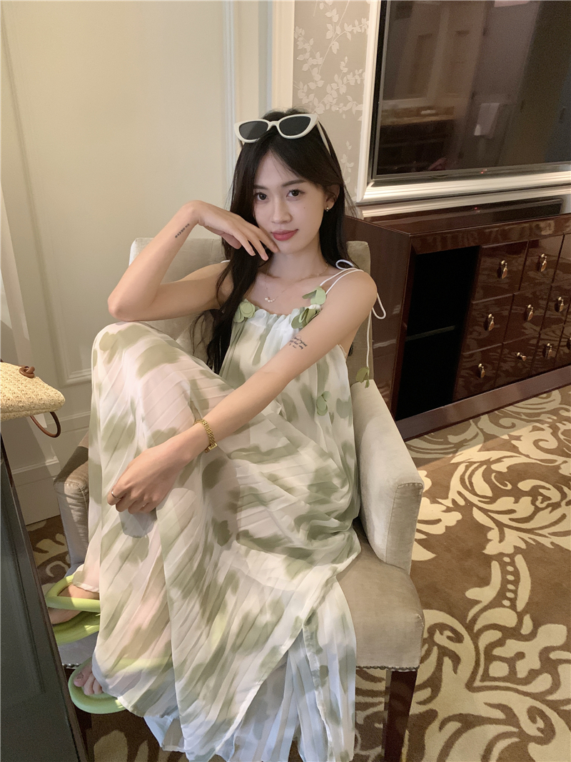 實拍法式重工扎染高級感吊帶連衣裙赫本風寬鬆掛脖中長款仙女