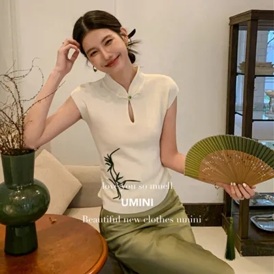 UMINI立領針織微袖t恤女2024夏季新中式收腰上衣貓眼盤扣刺繡小衫