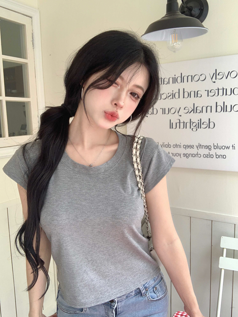 實拍 純欲辣妹露鎖骨U領修身小飛袖T恤短袖夏季純色上衣