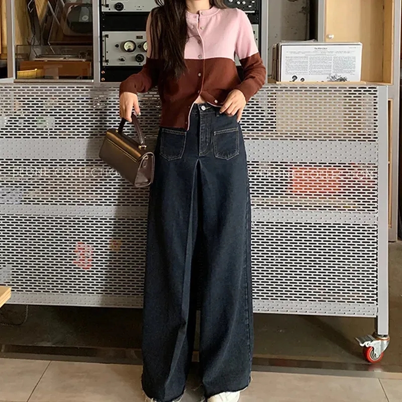 大碼春季胖妹妹休閒百搭大號長褲子港風復古墜感寬鬆闊腿牛仔褲女