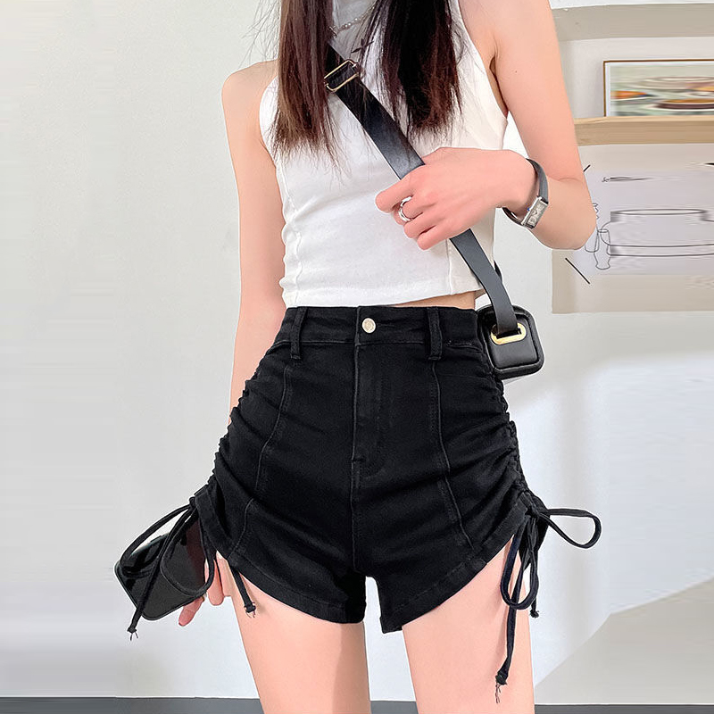 夏季新款彈力牛仔短褲女ins風設計感a字綁帶抽褶闊腿高腰辣妹熱褲