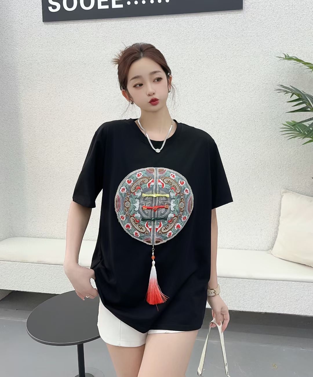 新中式國風重工刺繡圓領短袖t恤女2024夏季新款洋氣百搭打底衫潮