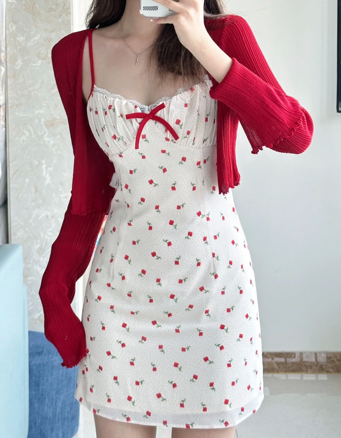 小櫻桃 明艷系美女子碎花吊帶連衣裙紅色開衫套裝