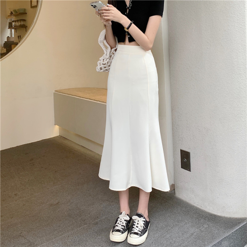 Summer 2024 new style hip-covering mid-length fishtail a-line skirt simple ladylike celebrity style high waist solid color