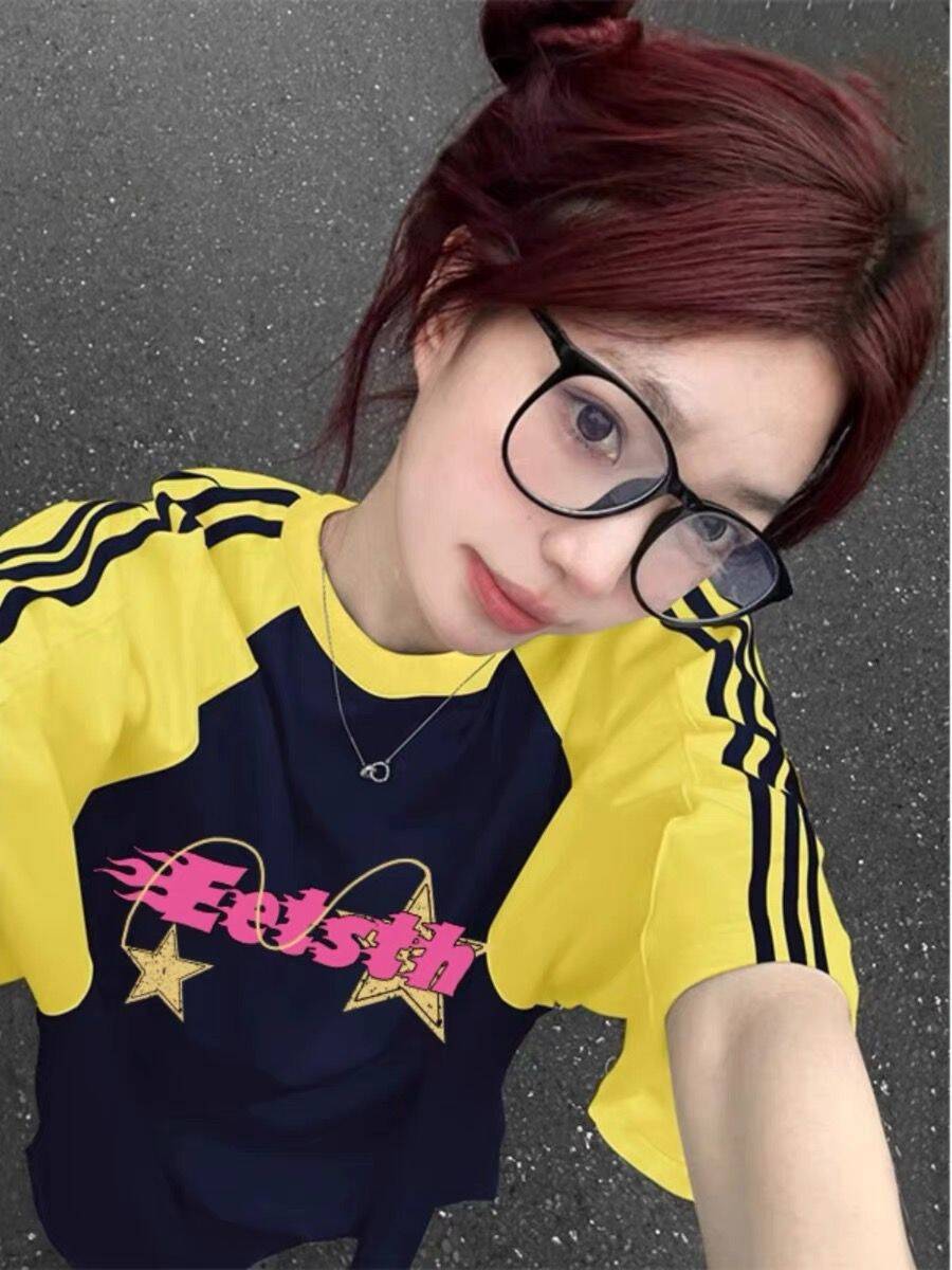 純棉200克21支精梳精密前 印花拼色三條槓落肩短袖t恤女