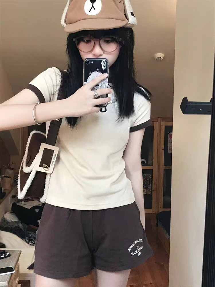 美式復古感休閒運動服套裝女夏季學生短袖短褲修身顯瘦跑步兩件套