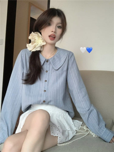 实拍 复古蓝色条纹长袖衬衫娃娃领气质设计感小个子衬衣宽松