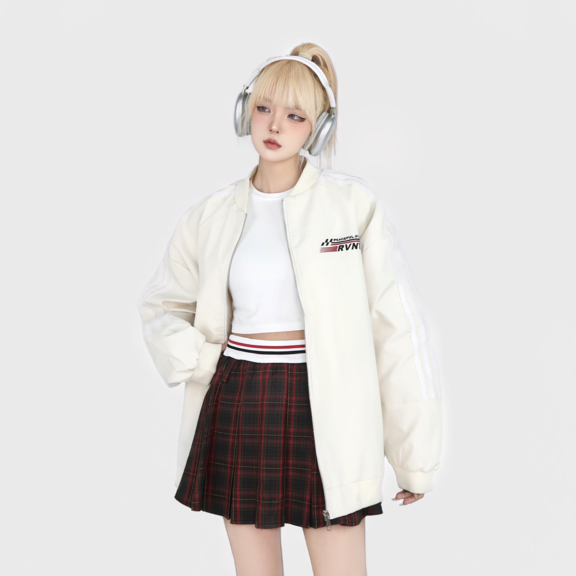 實拍#美式復古三條槓棒球服外套春秋新款小個子格紋半身裙套裝