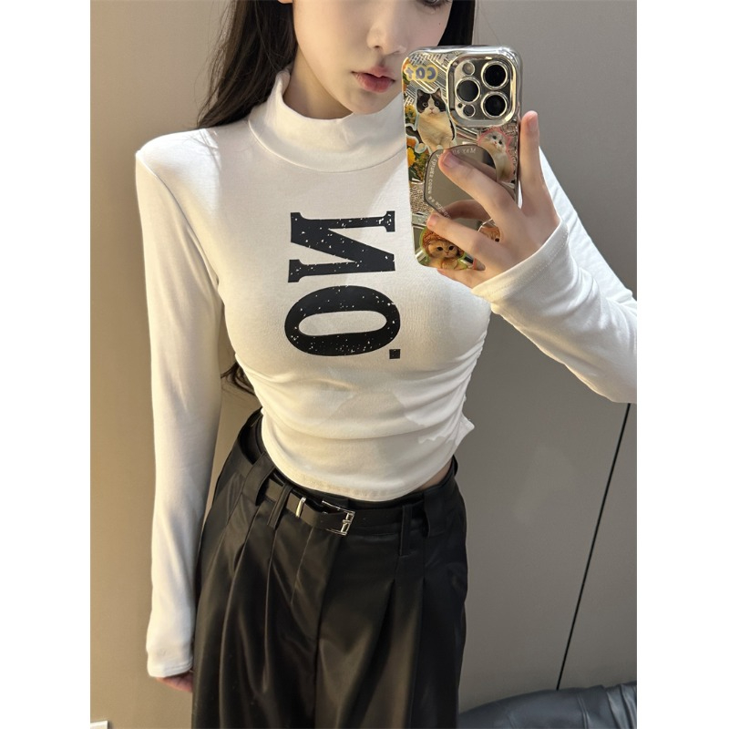 字母印花高領打底衫t恤甜辣妹修身顯瘦長袖短款上衣女秋冬季