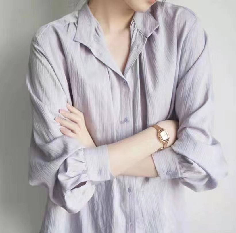 紫色輕熟風襯衫女長袖襯衣長袖上衣春秋季街頭小個子寬鬆